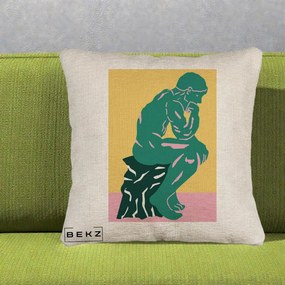 Perna Decorativa Ganditorul Sculptura Pop Art, 40x40 cm, Bej Canapea, Husa Detasabila, Perna Inclusa, BEKZ®