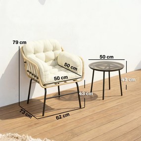 Outsunny Set mobilier exterior 3 piese din rășină împletită, masă din sticlă securizată, 2 fotolii cu perne, 62x73x79cm, Kaki | Aosom Romania