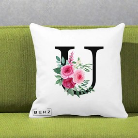 Cadou Personalizat - Perna Personalizata Monograma Florala Litera U, 40x40 cm, Alba Mata, Husa Detasabila, Perna Inclusa, BEKZ®