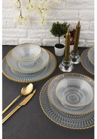 Set de masă 12 piese, sticlă transparentă cu detalii aurii