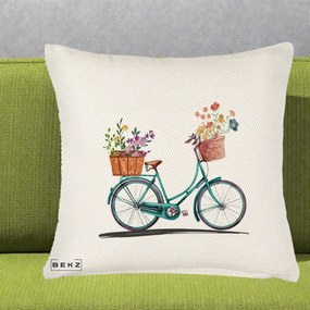 Perna Decorativa Bicicleta Florala Turcoaz Acuarela, 40x40 cm, Crem Reliefat, Husa Detasabila, Perna Inclusa, BEKZ®