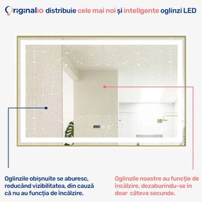 Oglindă LED Dreptunghiulară (100x65 cm), 3 Moduri Iluminare (Lumină Rece, Naturală, Caldă), Intensitate Reglabilă, Funcție Dezaburire, Ceas (Timer) și Termometru, Ramă Aluminiu, Control Tactil (Touch)