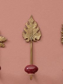 Set 3 cuiere de perete din metal și ceramică, auriu și bordo, frunze sculptate și sferă din ceramică, finisaj lucios, 15,5 x 4 cm, „Feuilles”