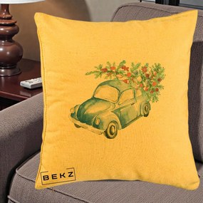 Perna Decorativa Masinuta Albastra cu Brad de Craciun, 40x40 cm, Galben, Husa Detasabila, Perna Inclusa, BEKZ®