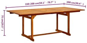 Masa de gradina, (150-200)x100x75 cm, lemn masiv de acacia 1, Dreptunghiular, 200 x 100 x 75 cm