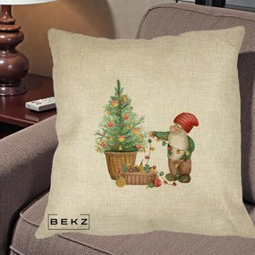 Perna Decorativa Pitic de Craciun cu Brad, 40x40 cm, Crem, Husa Detasabila, Perna Inclusa, BEKZ®