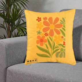 Perna Decorativa Flori Grafice Roz Pastel, 40x40 cm, Galben, Husa Detasabila, Perna Inclusa, BEKZ®