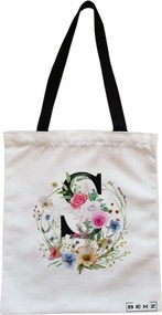 Sacosa de Panza pentru Cumparaturi, Geanta Tote, Cu litera S in Coronita Florala, Cu fermoar, 38x34.5 cm, Alba, BEKZ®