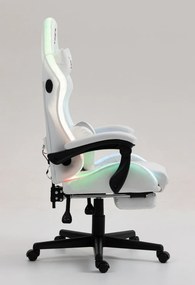 RESIGILAT- Scaun gaming, Masaj cu Role in perna lombara, Boxe bluetooth, sistem iluminare bandă LED RGB, suport picioare, Alb