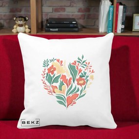 Perna Decorativa Inima Florala Botanica, 40x40 cm, Alba Mata, Husa Detasabila, Perna Inclusa, BEKZ®