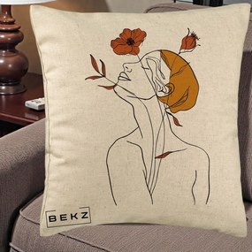 Perna Decorativa Portret Feminin Mac Privire Inalta, 40x40 cm, Bej, Husa Detasabila, Perna Inclusa, BEKZ®