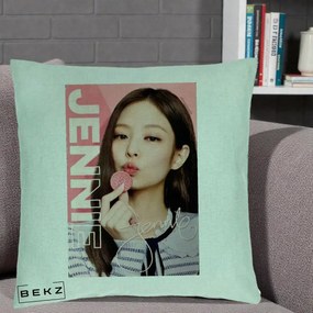 Perna Personalizata K-pop BLACKPINK Jennie cu Semnatura si Fond Roz, 40x40 cm, Verde Menta, Husa Detasabila, Perna Inclusa, BEKZ®