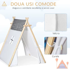 HOMCOM Cort Teepee Indian pentru Copii 3-6 Ani, Spațiu de Joacă Interior/Exterior cu Ușă și Fereastră, 130x111x136cm, Gri și Alb | Aosom Romania