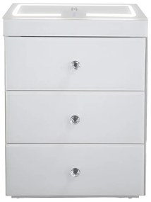 Noptieră inteligentă multifuncțională, din sticla tip oglindă, 3 sertare, LED-uri tactile, 3 tipuri de culoare, încărcare fără fir si USB, Difuzor Bluetooth, sticla securizata, 45x40x60 cm, Alb