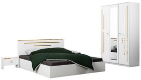 Dormitor Gold, culoare alb / auriu, pat standard 160x200 cm, dulap 123 cm si 2 noptiere