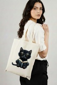 Sacosa de Panza pentru Cumparaturi, Geanta Tote, model Reading cat 8 38 x 34.5 cm, Alba, BEKZ®