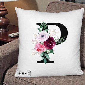 Cadou Personalizat - Perna Personalizata Monograma Florala Litera P, 40x40 cm, Alb Pufos, Husa Detasabila, Perna Inclusa, BEKZ®