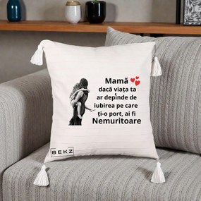 Cadou pentru Mama - Perna Personalizata Mama Nemuritoare Gravura Vintage, 40x40 cm, Bej cu Franjuri, Husa Detasabila, Perna Inclusa, BEKZ®