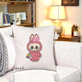 Perna Personalizata Labubu Roz cu Funda si Carti, 40x40 cm, Bej cu Franjuri, Husa Detasabila, Perna Inclusa, BEKZ®