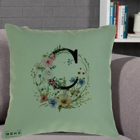 Cadou Personalizat - Perna Personalizata Monogram Litera C cu Flori Acuarela, 40x40 cm, Verde, Husa Detasabila, Perna Inclusa, BEKZ®