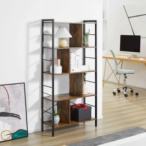 HOMCOM Bibliotecă cu 5 Rafturi, Compartimente Deschise, 77 x 30 x 157,5 cm, Maro Rustic și Negru | Aosom Romania
