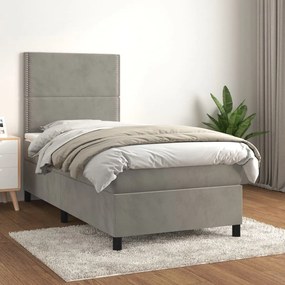 3142947 vidaXL Pat box spring cu saltea, gri deschis, 100x200 cm, catifea