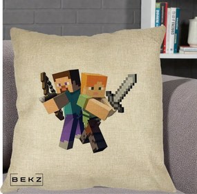 Perna Personalizata Minecraft Steve si Alex, 40x40 cm, Crem, Husa Detasabila, Perna Inclusa, BEKZ®