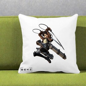 Perna Personalizata Attack on Titan Eren Yeager Lupta, 40x40 cm, Alba Mata, Husa Detasabila, Perna Inclusa, BEKZ®