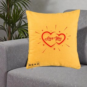 Cadou Romantic - Perna Personalizata Love You Doua Inimi, 40x40 cm, Galben, Husa Detasabila, Perna Inclusa, BEKZ®