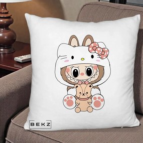 Perna Personalizata Labubu x Hello Kitty, 40x40 cm, Alb Pufos, Husa Detasabila, Perna Inclusa, BEKZ®
