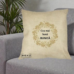 Cadou pentru Bunica - Perna Personalizata Cea Mai Buna Bunica Coronita Frunze Acuarela, 40x40 cm, Crem, Husa Detasabila, Perna Inclusa, BEKZ®