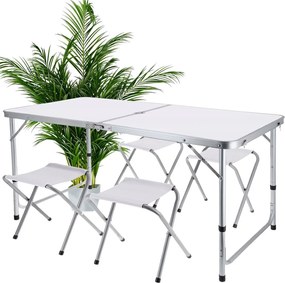 Set mobilier de camping pliabil, Jumi, alb, masă cu picioare reglabile și 4 tabureți