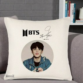 Perna Personalizata K-pop BTS Jimin Portret Cerc Autograf Geaca, 40x40 cm, Crem Reliefat, Husa Detasabila, Perna Inclusa, BEKZ®