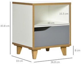 Set de 2 Noptiere Moderne HOMCOM cu Sertar și Raft din Lemn MDF 36,8x33x43,8cm Alb și Gri | Aosom Romania