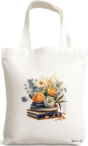 Sacosa de Panza pentru Cumparaturi, Geanta Tote, model Books and flowers 17 38 x 34.5 cm, Alba, BEKZ®