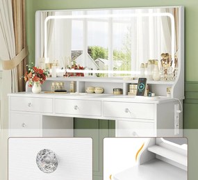 SEA909 - Set Masa toaleta 110 cm, cu 11 sertare, cosmetica machiaj, oglinda cu LED, masuta vanity, cu Prize si USB - Alb