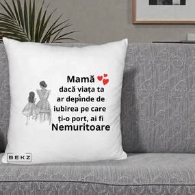 Cadou pentru Mama - Perna Personalizata Mama Nemuritoare Line Art, 40x40 cm, Alb Pufos, Husa Detasabila, Perna Inclusa, BEKZ®
