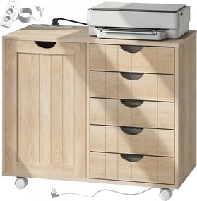 HOMCOM Mobilier pentru imprimantă cu stație de încărcare și roți 5 sertare porturi USB poliță reglabilă natural | Aosom Romania