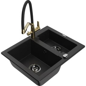 Mexen Carlos chiuvetă de bucătărie din granit 1,5 boluri cu robinet de bucătărie Duo, negru - 6518-77-671701-57-B