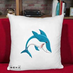 Perna Decorativa Rechin Albastru Cartoon, 40x40 cm, Alb Pufos, Husa Detasabila, Perna Inclusa, BEKZ®