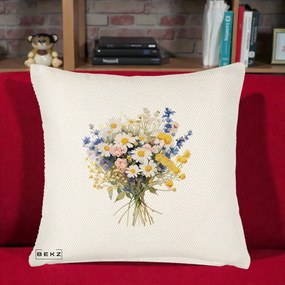 Perna Decorativa Buchet Camp Acuarela Margarete-Lavanda, 40x40 cm, Crem Reliefat, Husa Detasabila, Perna Inclusa, BEKZ®