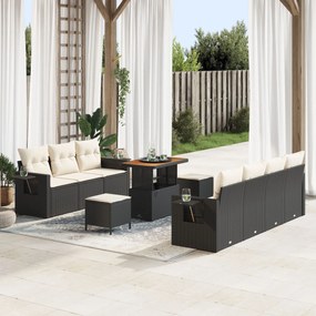 vidaXL Set Canapele Grădină , 10 Piese, cu Perne Negre, Rattan Polimer și Acacia.