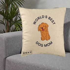 Cadou pentru Iubitorii de Caini - Perna Personalizata World's Best Dog Mom, 40x40 cm, Bej, Husa Detasabila, Perna Inclusa, BEKZ®