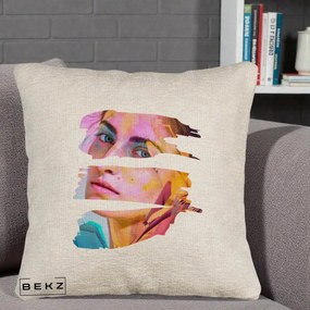 Perna Decorativa Portret Femeie Fragmentat Colorat, 40x40 cm, Bej Canapea, Husa Detasabila, Perna Inclusa, BEKZ®