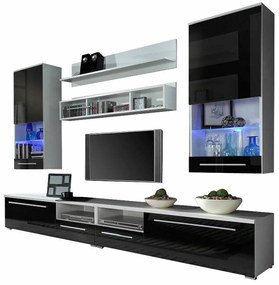Mobilă pentru sufragerie Charlotte 104 Negru lucios, Alb, Piese individuale, Cu comodă tv, PAL laminat, Sticlă, MDF, 260x44cm, 111 kg