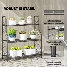 Outsunny Suport pentru Plante Vertical cu 3 Niveluri, cu Suporturi Laterale în X, Suport Ghivece cu Mânere Integrate din Metal pentru Interior și Exterior, 69x28.5x78 cm, Negru | Aosom Romania