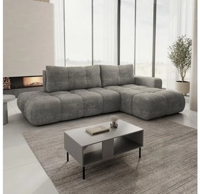 Colțar extensibil tapițat ALMADA, cu spațiu de depozitare, formă L, pe partea dreaptă, gri