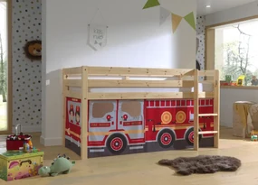 Pat semi-supraetajat pentru copii PINO, lăcuit natural din pin masiv, cu perdea de joacă FIRE TRUCK – Vipack