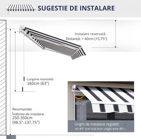 Outsunny Perdea Soare Rulou Exterior Manual cu Dungi Albastru și Alb pentru Terasă și Balcon 2.5x2m | Aosom Romania