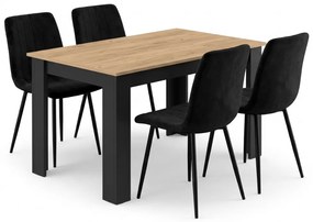 Set de masa 1 + 4, masa MADO 120x80 cm negru/dub artisan + scaun catifelat negru LAVA cu picioare negre